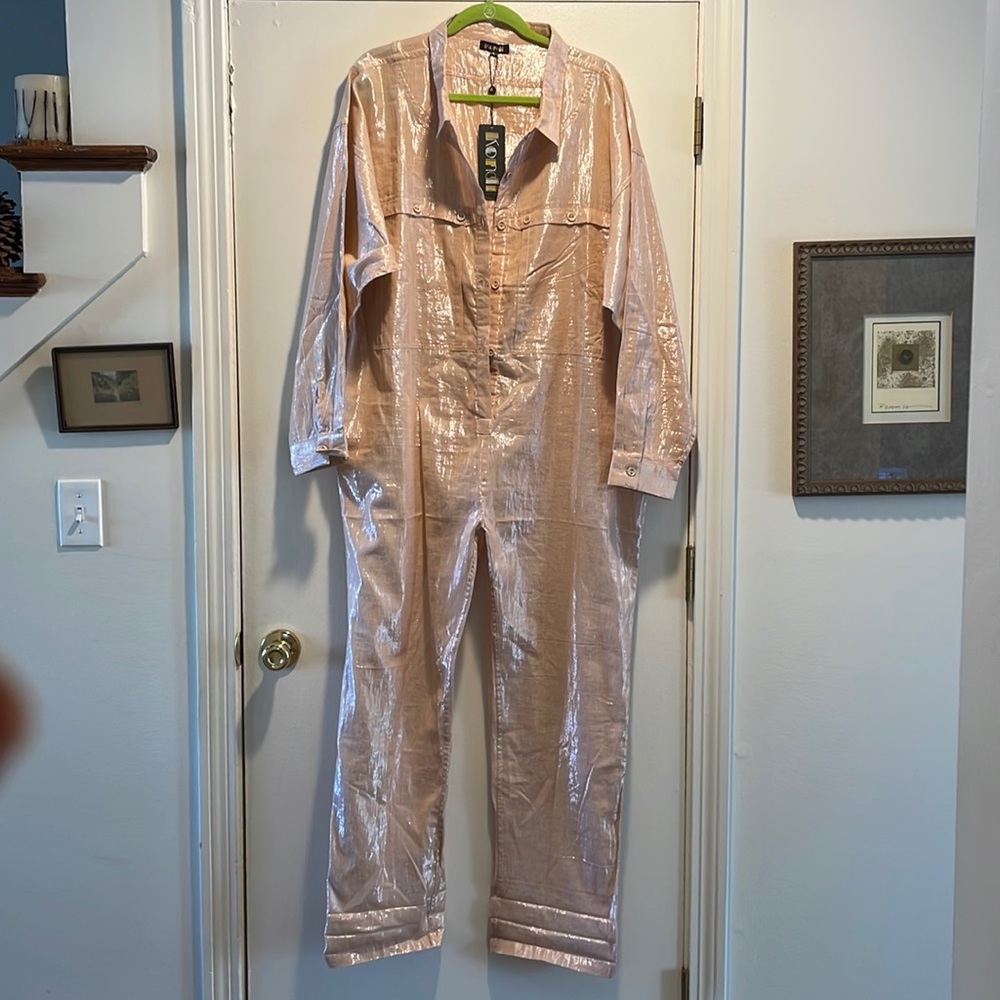 NWT Suzi  Kondi Lurex Utility Salmon Metallic Jumpsuit Glitter and Fabulous